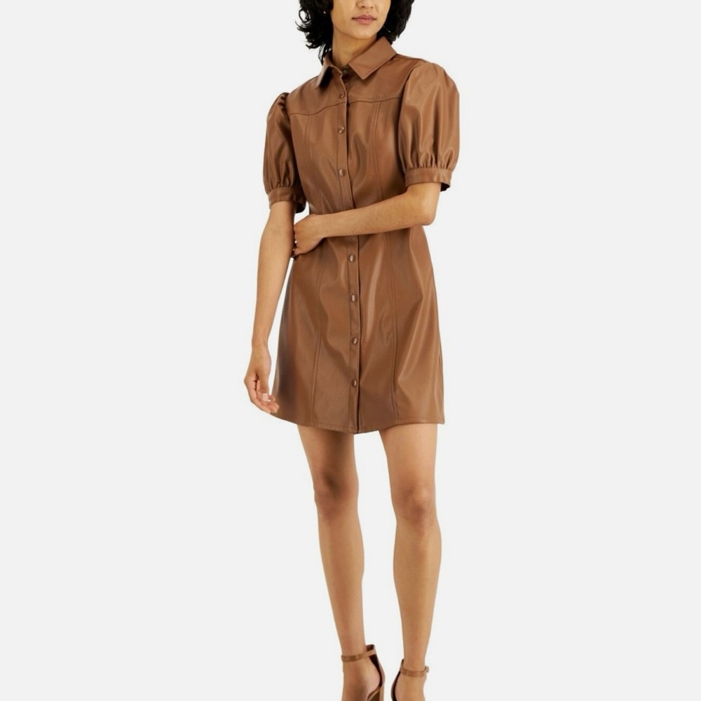 Kit + Sky Faux Leather Puff Sleeve Button Down Pleated Dress
